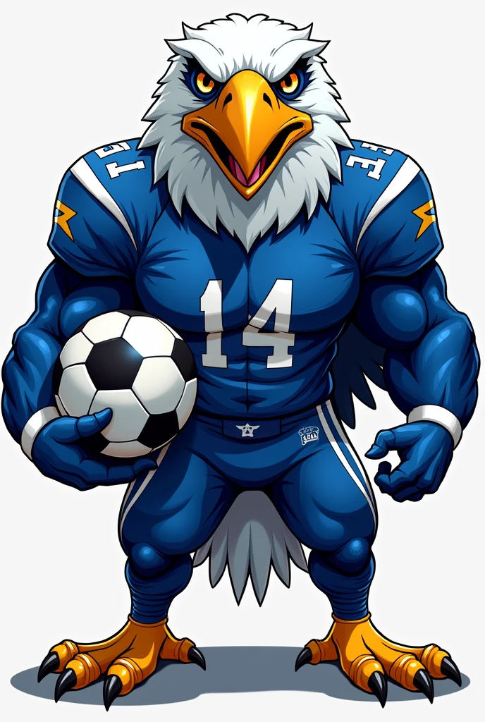 Eagle football mascot in blue and white uniform holding a soccer ball