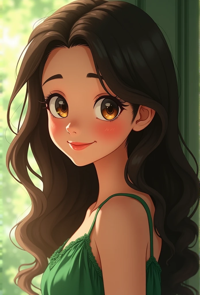a beautiful young woman, 20 years old, with long dark brown wavy hair, big joyful eyes, light brown eyes, wearing a green dress, Ghibli studio art style, blurred background, high quality, detailed, realistic, photorealistic, studio lighting, vibrant colors, beautiful detailed eyes, beautiful detailed lips, extremely detailed face and features, intricate details, masterpiece