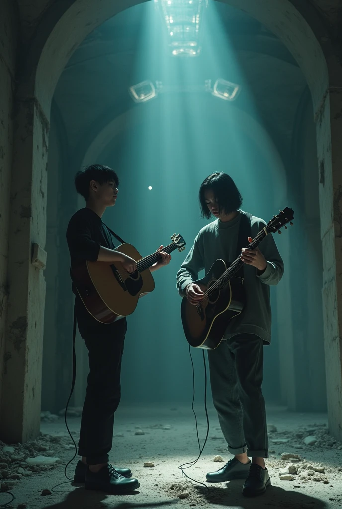 Acoustic member with a asian rapper Animae in dark abandoned building