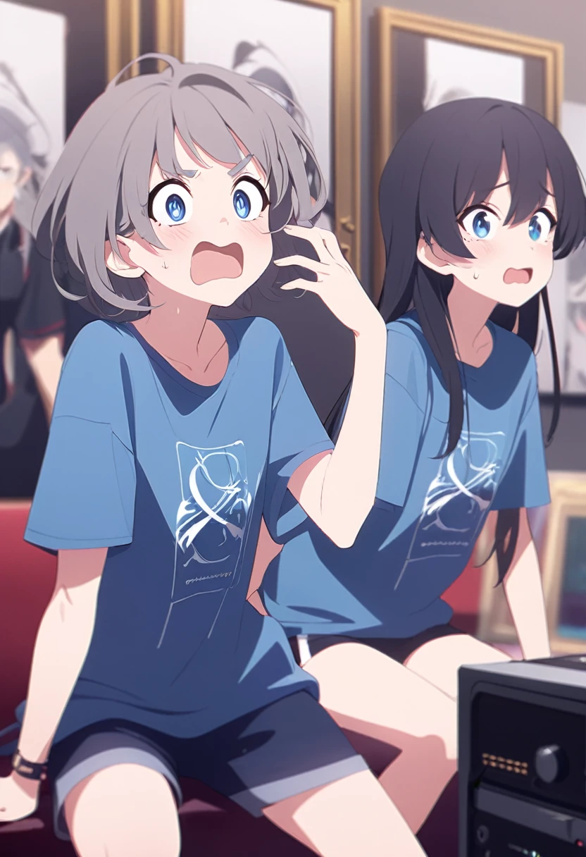 work of art,best qualityer,Depth of field,8k,gazing at viewer,dark gray hair,blue colored eyes,mascle,t - shirt,Shorts,studio,Surprised expression,Stroke the cheek,(charismatic eyes 1:1),wseifuku,posh