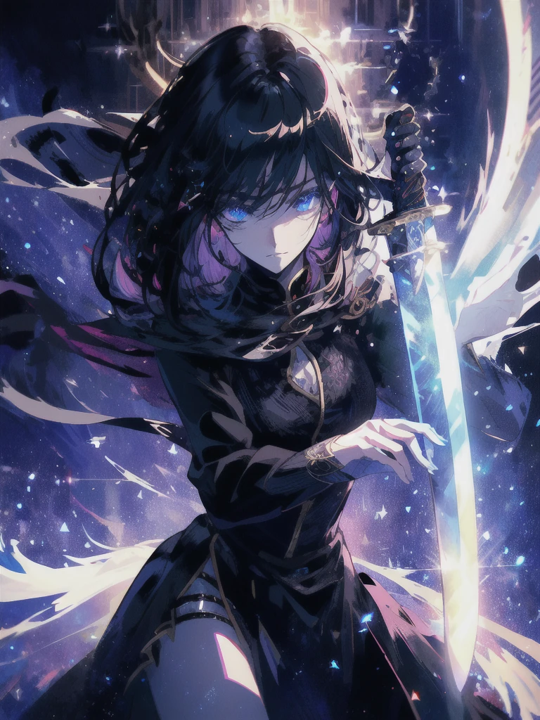 Holding a one-handed sword、Please take the black sword.、((masterpiece, highest quality, Super detailed, High resolution)), alone, beautiful girl, shining eyes, perfect eyes, , black white gold theme,