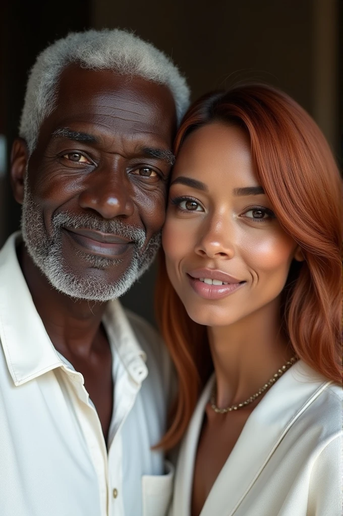 elderly man, africana, black skin color, dressed in white with a woman next to her with dark skin and straight copper-colored hair, dark shaped eyes, chin hole, thin lips