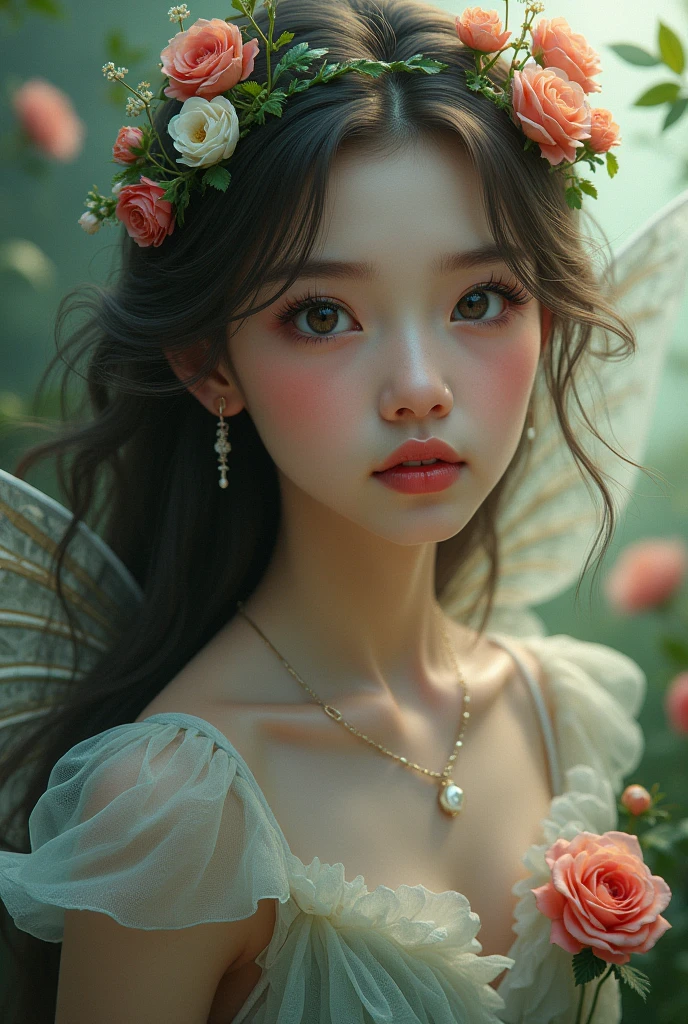 a beautiful fairy girl, beautiful detailed eyes, beautiful detailed lips, extremely detailed eyes and face, longeyelashes, girl in a flower garden, intricate flower patterns, lush greenery, flying over a stormy sky, vibrant colors, soft lighting, photorealistic, 8k, hyperrealistic, highly detailed, masterpiece, digital painting, fine art portrait