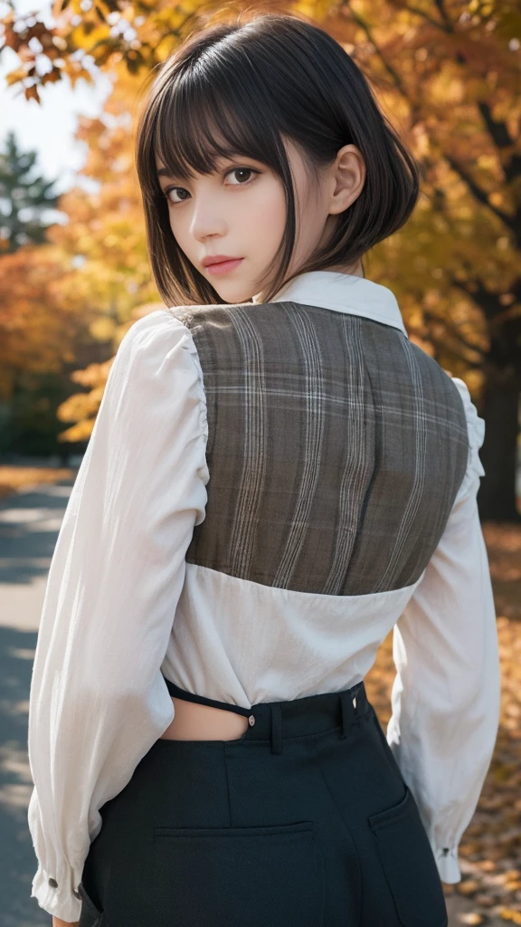 The theme is "Autumn Darkness and Light". The main colors will be deep browns and olive greens with black accents. The top is a loose-fitting brown checked shirt, and the bottoms are wide black pants with zippers and patches designed on the sides,(Highest quality, Very detailed, masterpiece:1.2), 1 women, Very thin body, length, Thin legs, ((Black short hair:1.2)), ((Thick and fluffy bangs)), Very detailedな顔,A faint smile, small, Thin Nose, small thin mouth, Extremely sharply focused eyes, Japanese, Beautiful Face, Realistic eyes, Beautiful and beautiful eyes, Realistic Skin, Beautiful Skin, charm, (A vivid face), Beautiful Hairstyles,The theme is "Autumn Darkness and Light". ,y and unique hairstyles, High resolution, Vibrant color palettel, Amazing place