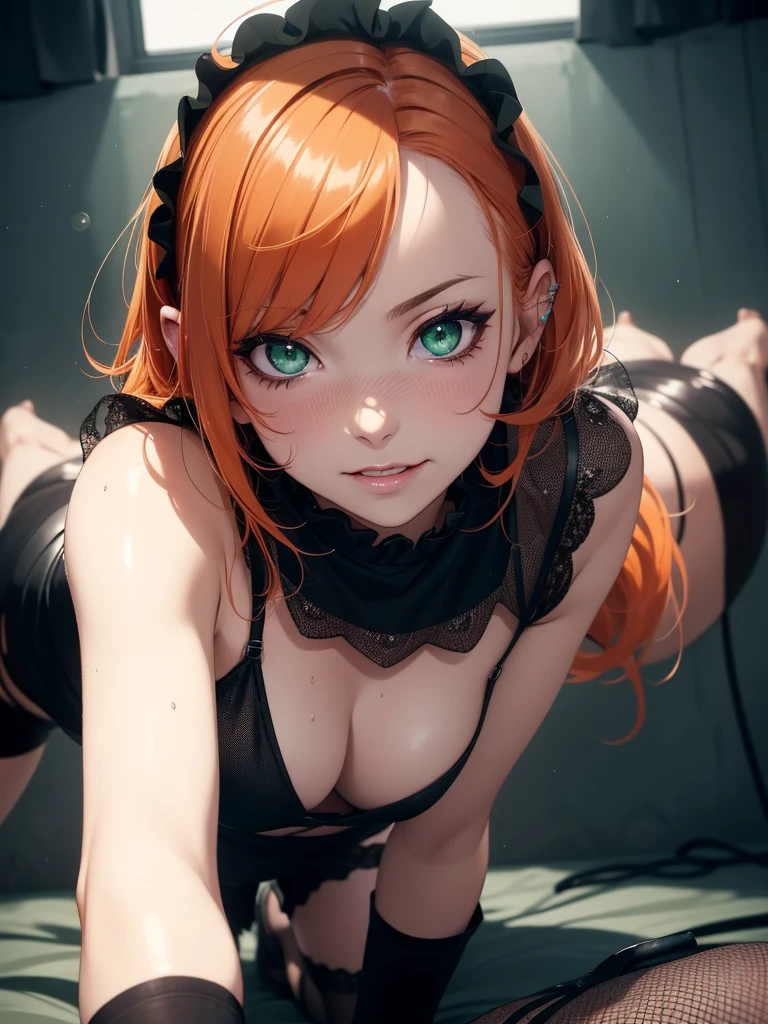 super high image, super detail, super high resolution, dark room with intense light, cute 1 girl, crawling on all fours, facial close-up, ((covered in semen)), skinny, small breasts, no cleavage, moist shiny lips, grinning, mischievous, light-orange hair, messy wild short hair, (hairpins), ((hair covering face)), green sparkling eyes, seductive eyes, (glossy dark eyeshadow), blush, sweaty, collar, buckles, black ripped t-shirt, ripped jeans, fish net stockings, punk rock, night time