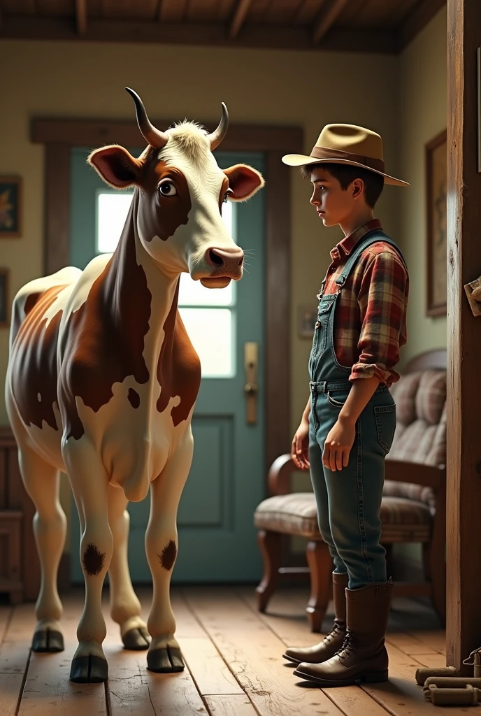 A cow at home is talking to a 20-year-old man wearing vintage farmer's clothing