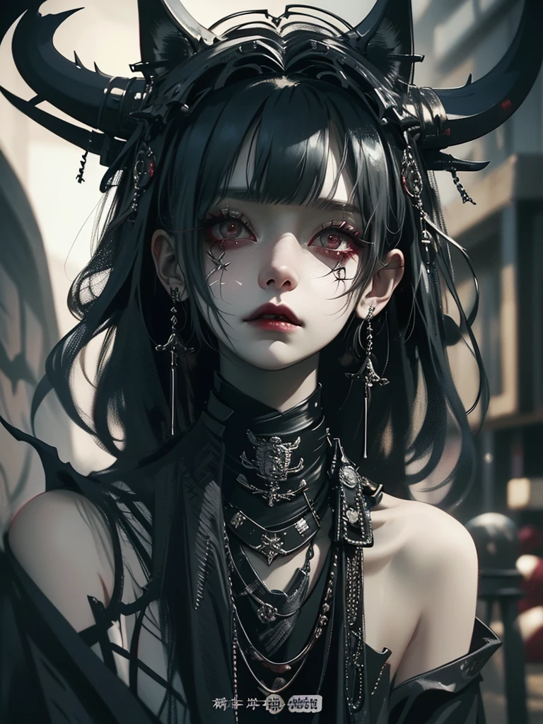 Highest quality、8K、masterpiece:1.3、Gothic Punk、The inside is red、Black-haired、hair ornaments、Beautiful girl、creative、Dark Fantasy Style、Neogoth、Goth Fashion:1.2、Yellow Eyes、I can see the fangs、Castle at night