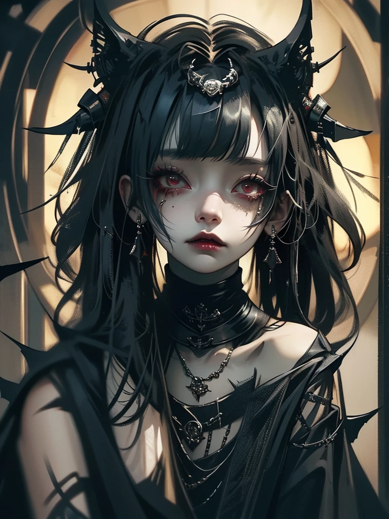 Highest quality、8K、masterpiece：1.3、Gothic Punk、The inside  is red、Black-haired、hair ornaments、Beautiful girl、creative、Dark Fantasy Style、Neogoth、Goth Fashion：1.2、Yellow Eyes、I can see the fangs、Castle at night