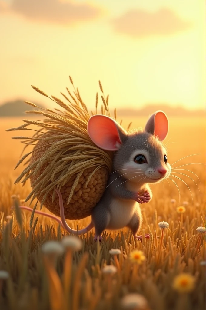 A weak mouse unable to carry its crops in the field