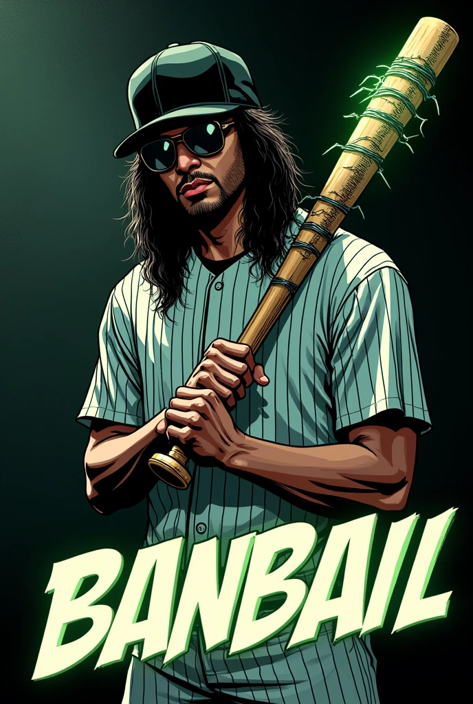 Comic book style illustration featuring a character in a baseball uniform with vertical black and white stripes. The character has long, wavy hair and is wearing a black cap and sunglasses. The skin tone is a medium brown. The character is holding a baseball bat with barbed wire wrapped around it, which is glowing with a greenish hue. The background is dark with a gradient of light and shadow. The title 'The Warriors' is prominently displayed in bold, red graffiti-style text across the lower part of the image. The overall layout is vertical, with the character centered and the text overlaying the lower portion of the image.