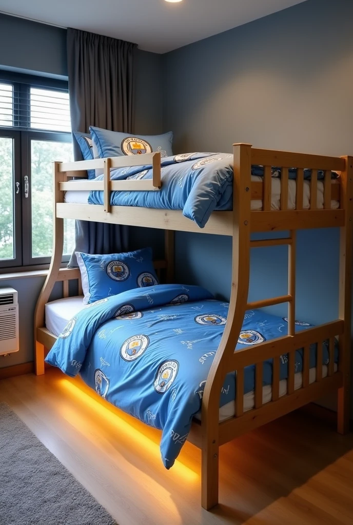 An example of double bunk bed with a mattress using Manchester City bed sheets and bedcovers plus lights under the bed and Air Conditioner.