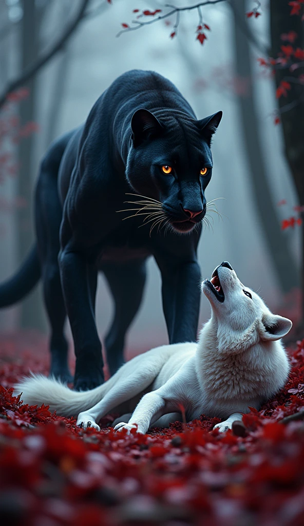 "A black panther with glowing amber eyes stands dominantly over a white wolf lying on the ground, amidst a vibrant forest with deep red leaves scattered everywhere. The background features tall, dark trees and a misty, dramatic atmosphere, blending deep reds and foggy blues, creating a sense of tension and contrast in this powerful scene."
