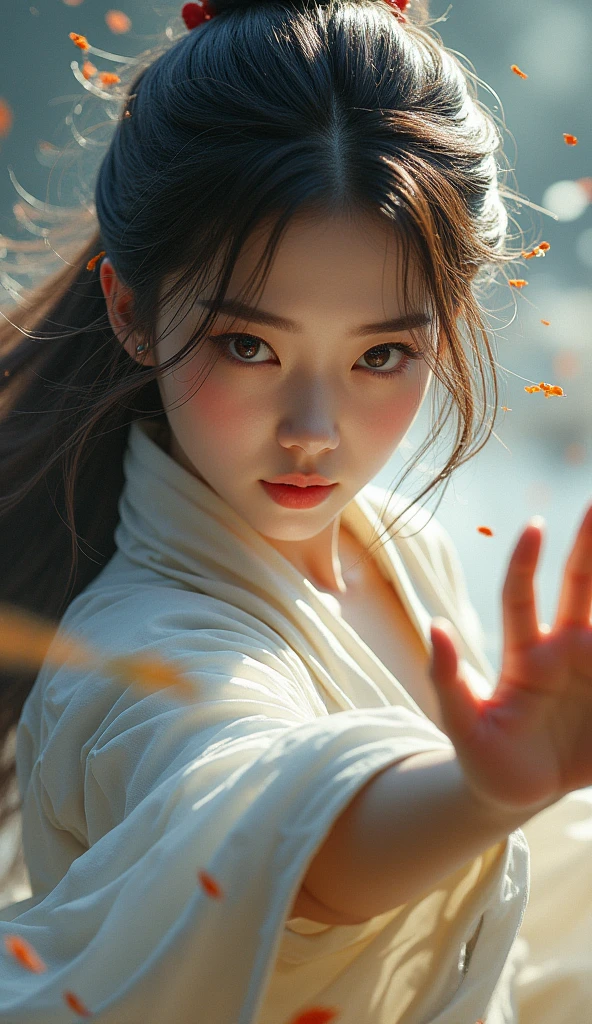 best qualityer, work of art, high resolution, wuxia1girl, chinese dress, super beautiful face, super beautiful eyes, super beautiful hair, Kung-Fu fight