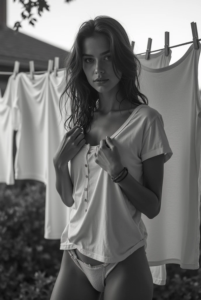 Woman posing in front of a clothesline, touching her clothes, photographed on expired film, Shot with Hasselblade camera, grainy monochrome photo, Analogue photography, photographed on film, grainy black and white photo, wet t-shirt, grainy vintage, young and beautiful amoranto, vintage black, Charli XCX