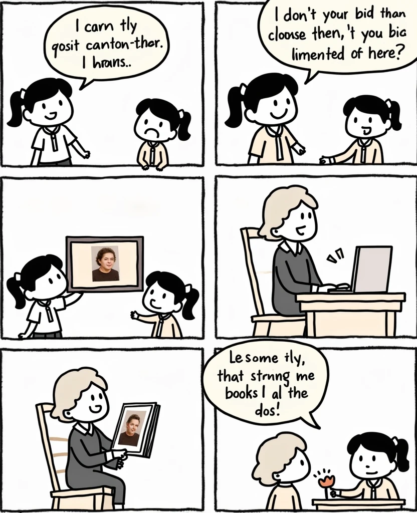 Image:** Luna sitting in the living room with her grandmother, while she shows him an old photo album. Grandma points to a photo of herself when she was young, with a serious but determined face. The atmosphere is warm, with sepia tones that give a nostalgic air, while Luna's expression reflects an internal awakening, with a mix of curiosity and reflection.