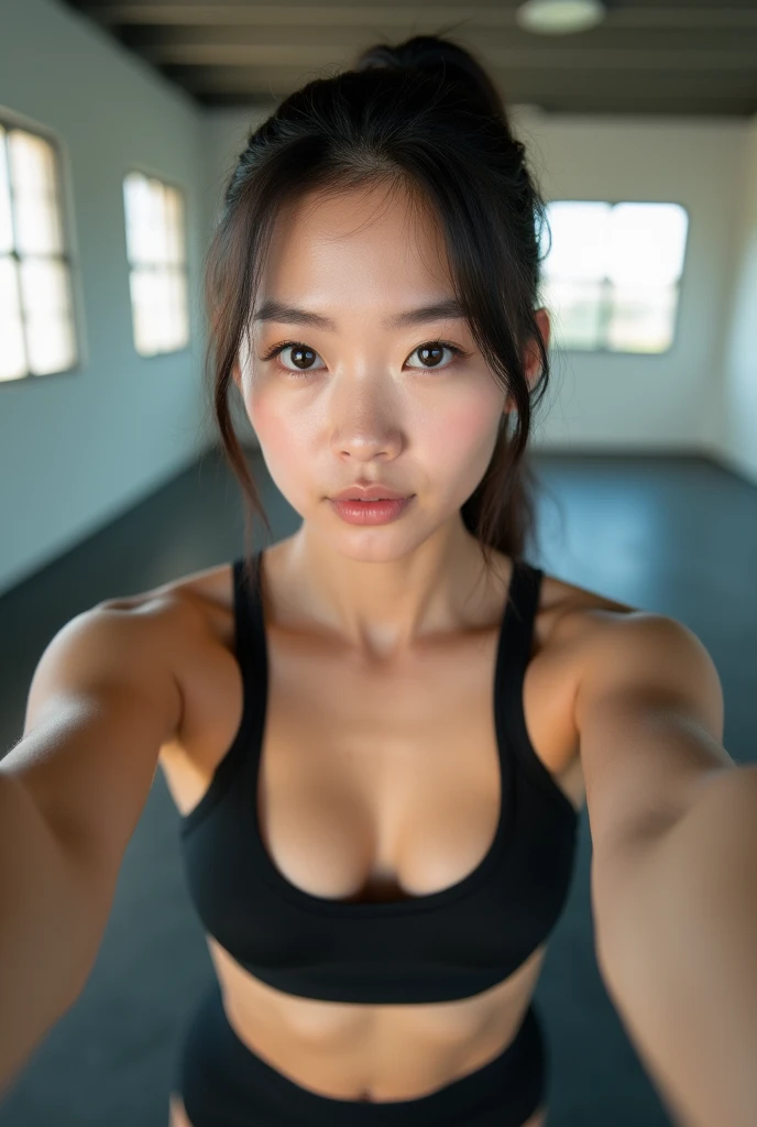 A selfie of a fair-skinned Japanese woman in skin-tight black sportswear in a training room。The hair is tied back。ponytail。She is leaning forward and her breasts are visible through her underwear.。Smiling。Selfie style。