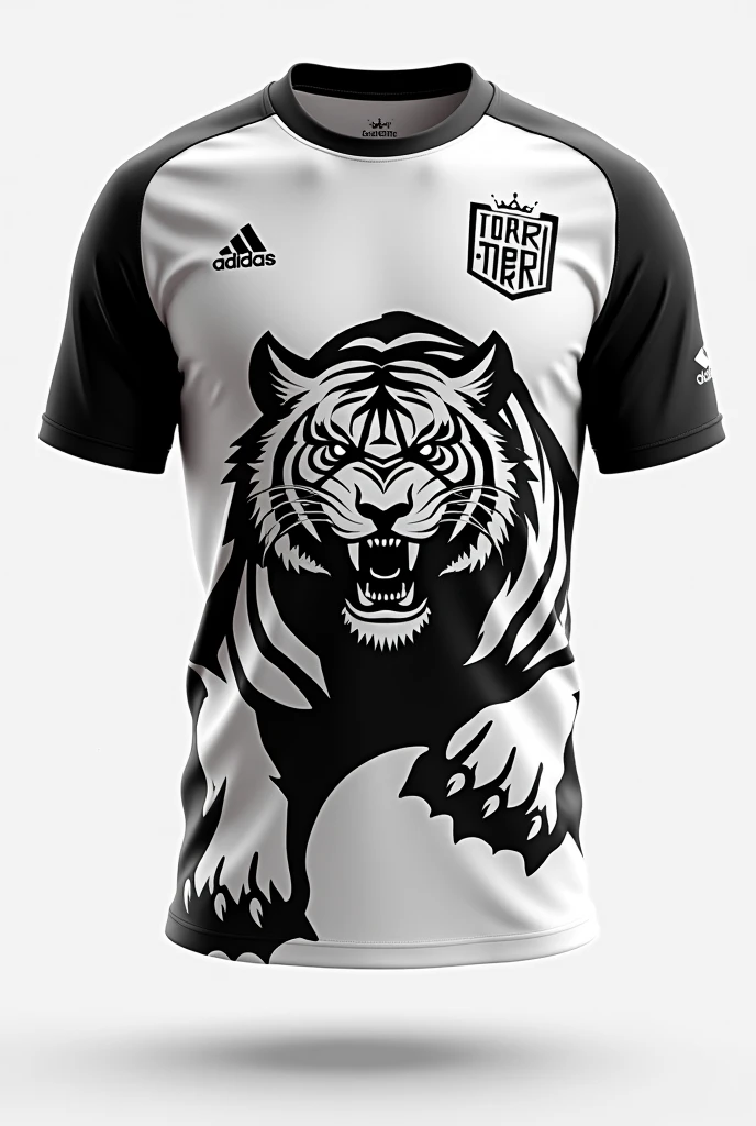 Create an image of an interclass jersey Team name Torra-Torra FC Color white and black With a tiger
