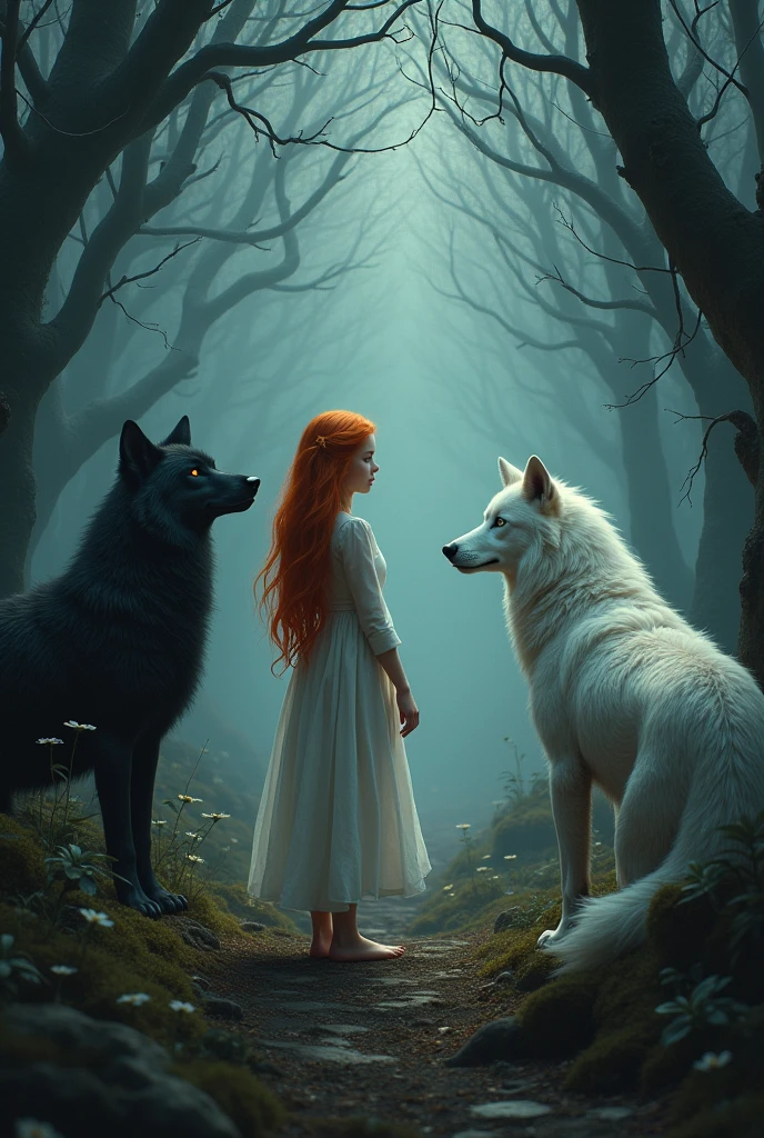 A red-haired girl in a dark forest and in the middle of two wolves, one black and one white 