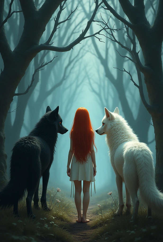A red-haired girl in a dark forest and in the middle of two wolves, one black and one white