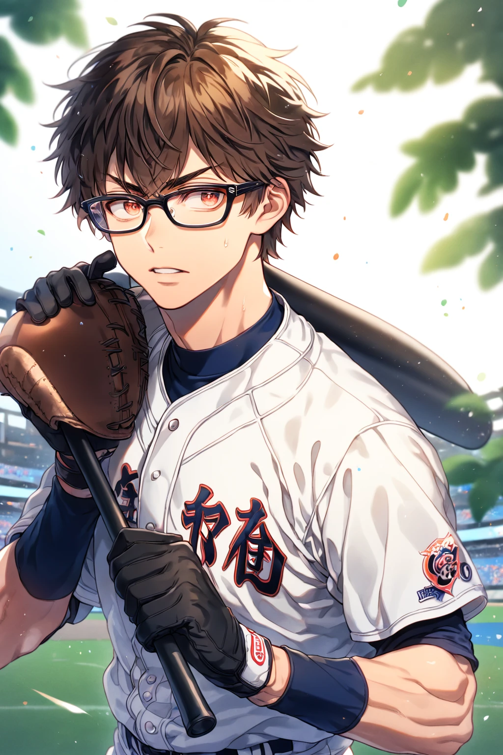 absurdres, highres, ultra detailed, HDR, master piece, Miyuki Kazuya, brown hair, expressive amber eyes, black glasses, white baseball uniform, Diamond No Ace, sexy man, handsome, best quality, fantasy, magical, solo, sensual, stadium, blue sky, manly man, black gloves, holding a baseball bat