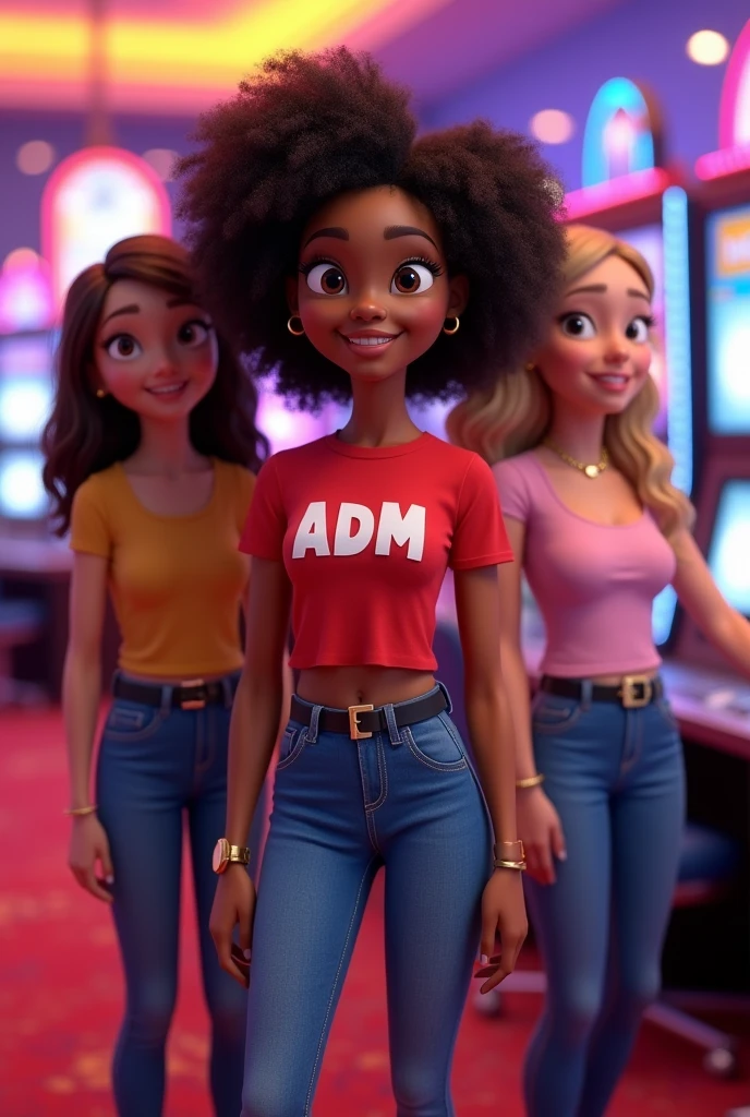 3D Pixar style, 4 woman, light brunette, Brown eyes, thin reddish mouth Very curly afro hair dark coffee color, medium size without fringe.
Wide-hip woman in red T-shirt with ADM written on it, jeans, black belt, black sneakers.
Gold ring on the left finger, watch on the wrist, wide and round face In a casino game room environment with computers HAPPY