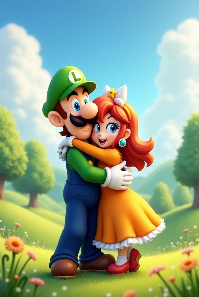 Luigi and Daisy from Super Mario, in countryside, hug, both happy