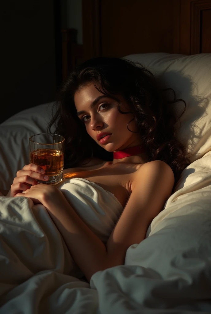 (seductive:1.1) (18. (women:1.1) (lying:1.1) under the (It covers:1.1), Lying on her side in bed, with a glass of whiskys on her hand, (Dark:1.2) Wavy hair is totally (naked:1.1) in a completely (Dark:1.1) open room with the (Alone:1.1) (soft lighting from one large softbox directland above and in front of her:1.1). she is wearing a BDSM (red choker:1.1) she is (sensual:1.4) and (bright:1.2). The scene is shot with (Kodakportra1600:1.1) (film grain:1.1) (Camara analogica:1.1) (sharp details:1.1) (50mm:1.1)