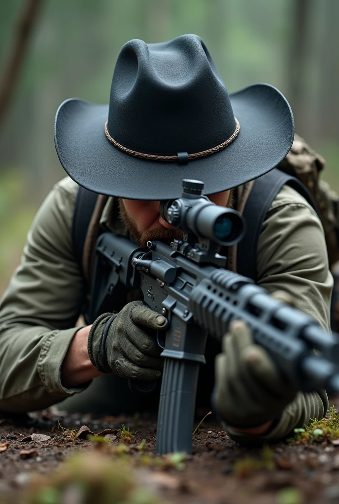 a white male with a black cowboy hat as he is part of the hunters organization have him in combat attire with an AK74 I want him to be holding onto his cowboy hat with a scared look laying down in a sniper position