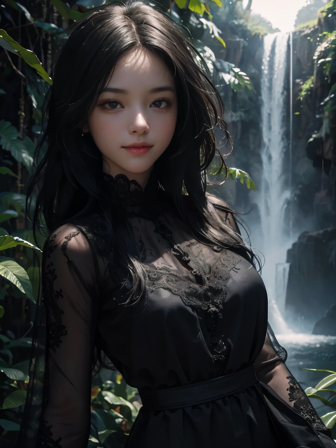 (ultra realistic) , (illustration), (increase resolution), (8K), (extremely detailed), (best illustration), (beautiful detailed eyes), (best quality), (ultra-detailed), (masterpiece), (wallpaper), (detailed face), 1 girl, black straight hair, slender body, delicate details, in the dark, deep shadow, low key, pureerosfaceace_v1, happy smile, summer dress, waterfall, rainforest