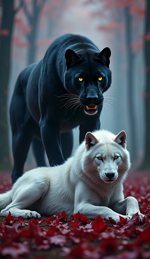 "A black panther with glowing amber eyes stands dominantly over a white wolf lying on the ground, amidst a vibrant forest with deep red leaves scattered everywhere. The background features tall, dark trees and a misty, dramatic atmosphere, blending deep reds and foggy blues, creating a sense of tension and contrast in this powerful scene."