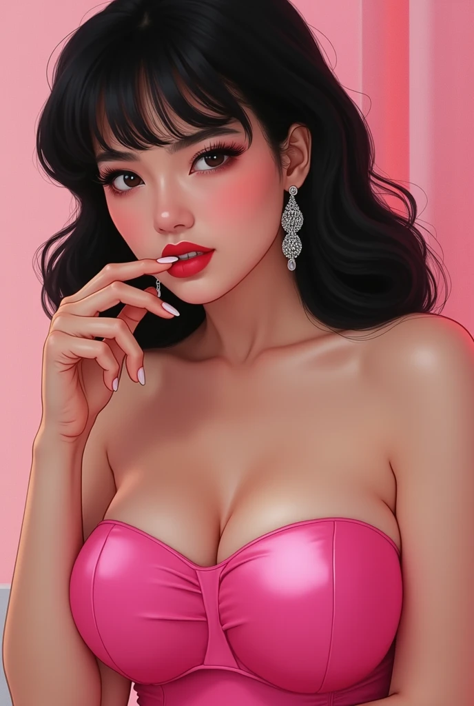 Actress Kyoko Fukada looks like、Pink tube top swimsuit　、Earrings、She has big breasts、holding one&#39;s finger in one&#39;s mouth