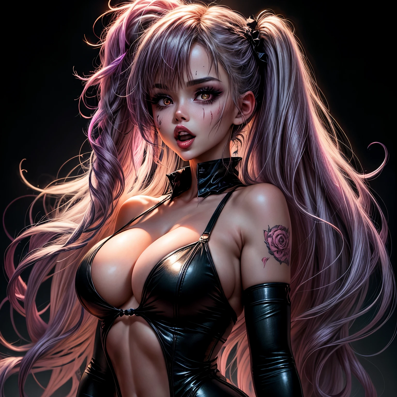A girl with long hair and red eyes, with a laughing expression, with fluorescent purple face makeup, against a dark background, in the style of a horror comic, a closeup of her upper body, with colorful ink, a full color illustration, in the style of Japanese manga, with bold lines, dark tones, with pink light shining on her left eye.