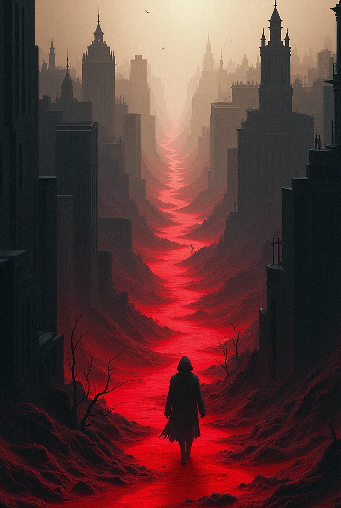 Rivers of Blood: A symbolic representation of rivers of blood running through a city or landscape, symbolizing pain and hopelessness. The human figures in the drawing could be represented as shadows or specters., giving a feeling of death and decay. Whether it is animated easier or less complicated