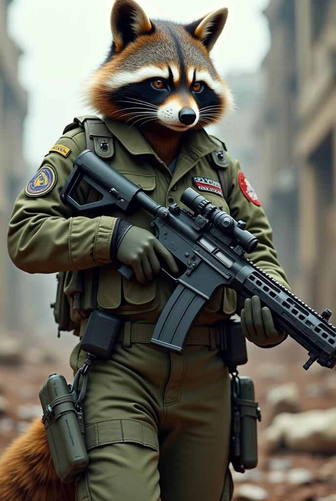 A female raccoon dressed in a military uniform in a war setting holding a powerful weapon while exuding an aura of power 