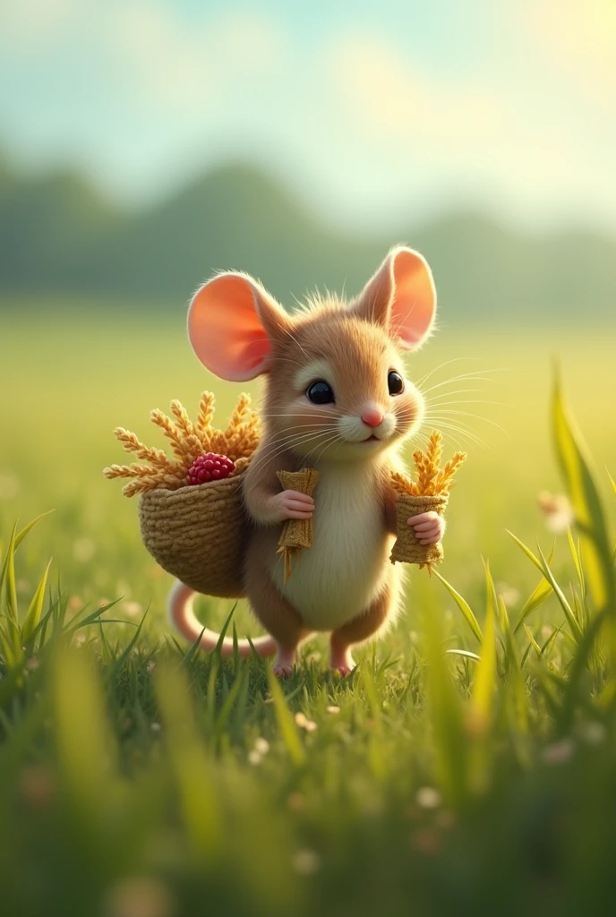 A weak mouse trying to carry his crops in the field