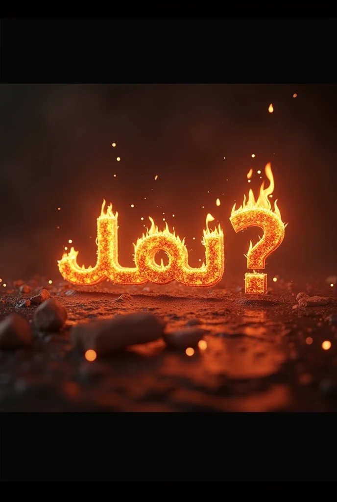Create a 4K resolution animation with the arabic english font text "کون مُرشد ؟ ?" appearing with a realistic fire effect. The animation should be cinematic and professional, starting with the text slowly emerging from darkness, with glowing embers and sparks flying around. As the text becomes fully visible, flames should engulf the letters, flickering and dancing with intensity. The fire should have depth, with shadows and highlights that make it look natural and immersive. The background should be dark, allowing the fire effect to stand out vividly, and the overall feel should be dramatic, suitable for an impactful intro."