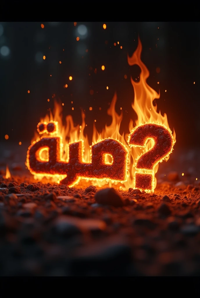 Create a 4K resolution animation with the arabic english font text "کون مُرشد ؟ ?"    appearing with a realistic fire effect. The animation should be cinematic and professional, starting with the text slowly emerging from darkness, with glowing embers and sparks flying around. As the text becomes fully visible, flames should engulf the letters, flickering and dancing with intensity. The fire should have depth, with shadows and highlights that make it look natural and immersive. The background should be dark, allowing the fire effect to stand out vividly, and the overall feel should be dramatic, suitable for an impactful intro."

