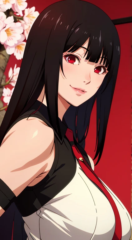 Jabami yumeko, (Mature female, bangs, side locks, Red eyes, Black hair, Huge breasts3),Portrait of a girl, (face:1.2), schoolgirls, smile,bare shoulders​, Black hair, cherry blossom), Willow Branch, (masterpiece best quality :1.2), large big breasts