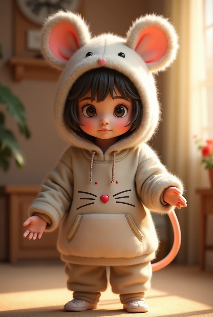 Character with mouse hood and mouse sweatshirt