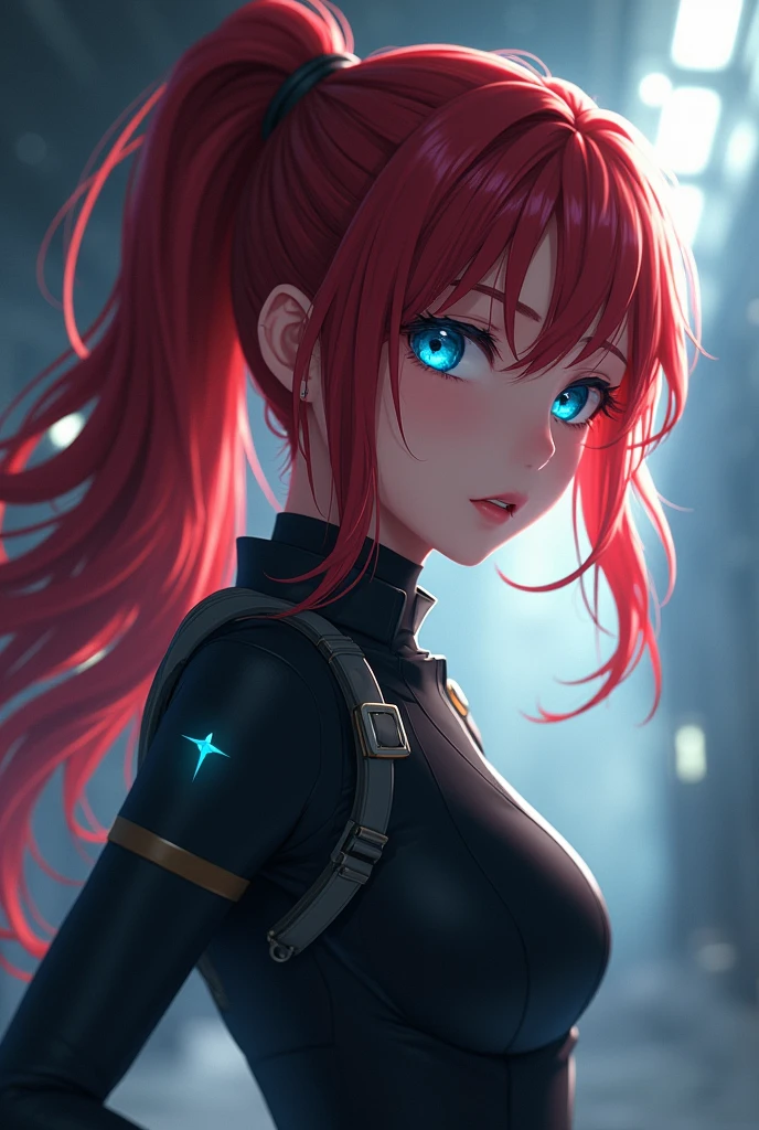 anime girl, beautiful detailed dark red hair in a ponytail, extremely detailed big blue eyes, beautiful detailed face, beautiful detailed lips, skintight pilot suit, highly detailed, realistic, cinematic lighting, 8k, dramatic lighting, dynamic pose, volumetric fog, photorealistic, masterpiece, hyper detailed