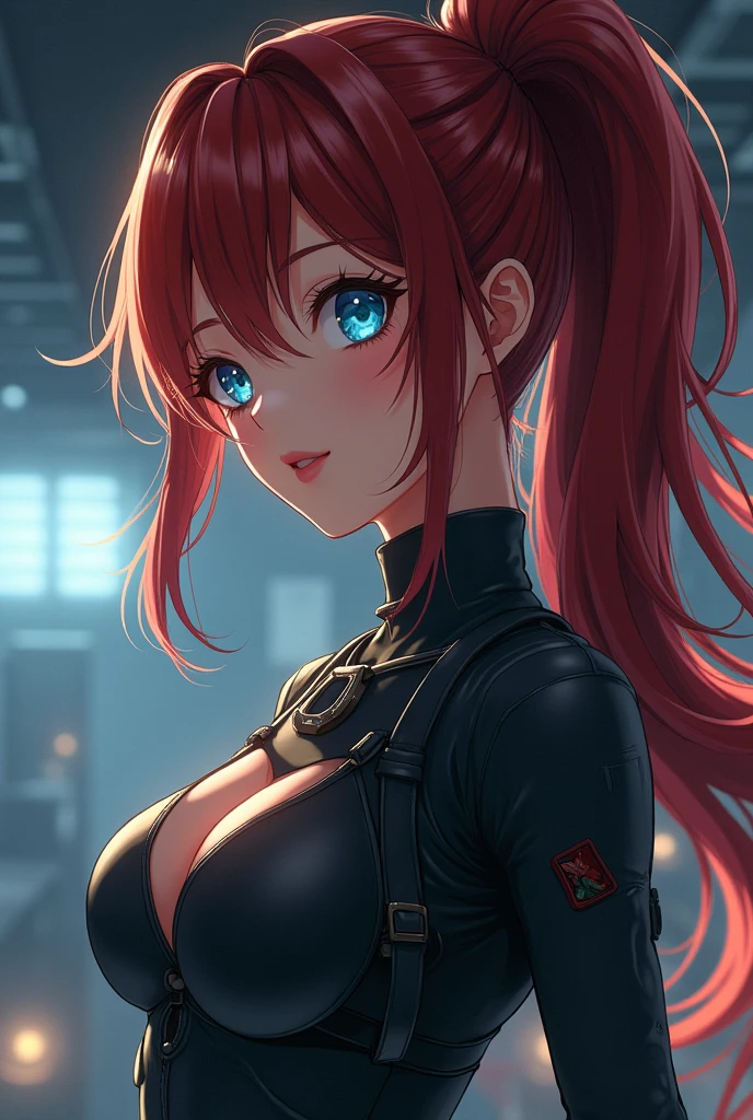 anime girl, beautiful detailed dark red hair in a ponytail, extremely detailed big blue eyes, beautiful detailed face, beautiful detailed lips, skintight pilot suit, highly detailed, realistic, cinematic lighting, 8k, dramatic lighting, dynamic pose, volumetric fog, photorealistic, masterpiece, hyper detailed