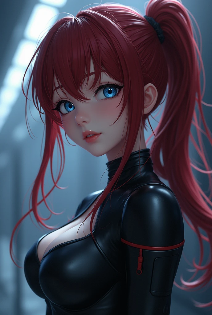 anime girl, beautiful detailed dark red hair in a ponytail, extremely detailed big blue eyes, beautiful detailed face, beautiful detailed lips, skintight pilot suit, highly detailed, realistic, cinematic lighting, 8k, dramatic lighting, dynamic pose, volumetric fog, photorealistic, masterpiece, hyper detailed