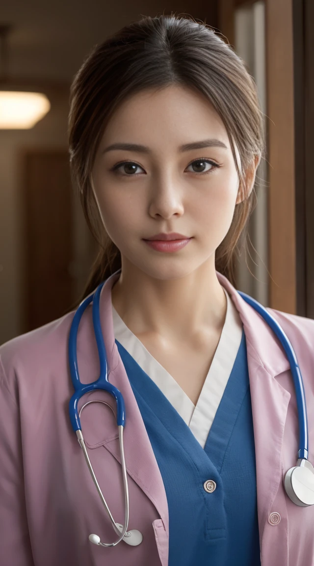 Photorealisticistic beautiful doctor、Stunningly beautiful、doctor&#39;Under her white coat is sexy red underwear, Collared shirt、(highest quality、8K、32k、masterpiece、nsfw:1.3)、Ultra-high resolution,(Photorealistic:1.4),Raw photo, Detailed face,,Beautiful Hair, ((doctor style)), , Black tight skirt、 Natural Makeup, Big and ample breasts、In the hospital, Detailed Background, Perfect lighting, Written boundary depth, Beautiful shadow gradation,Stethoscope ,NSFW、Beautiful female doctor、Fall in love、Her underwear is visible、Sit in the examination chair、