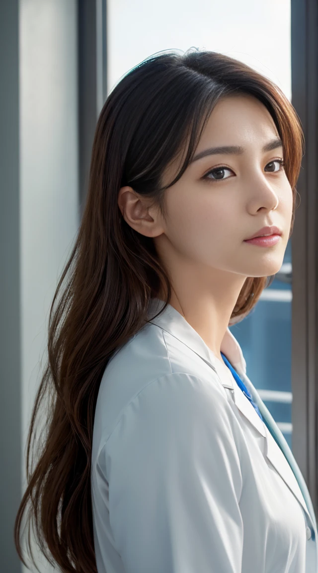 Photorealisticistic beautiful doctor、Stunningly beautiful、doctor'Under her white coat is sexy red underwear, Collared shirt、(highest quality、8K、32k、masterpiece、nsfw:1.3)、Ultra-high resolution,(Photorealistic:1.4),Raw photo, Detailed face,,Beautiful Hair, ((doctor style)), , Black tight skirt、 Natural Makeup, Big and ample breasts、In the hospital, Detailed Background, Perfect lighting, Written boundary depth, Beautiful shadow gradation,Stethoscope ,NSFW、Beautiful female doctor、Fall in love、Her underwear is visible、Sit in the examination chair、