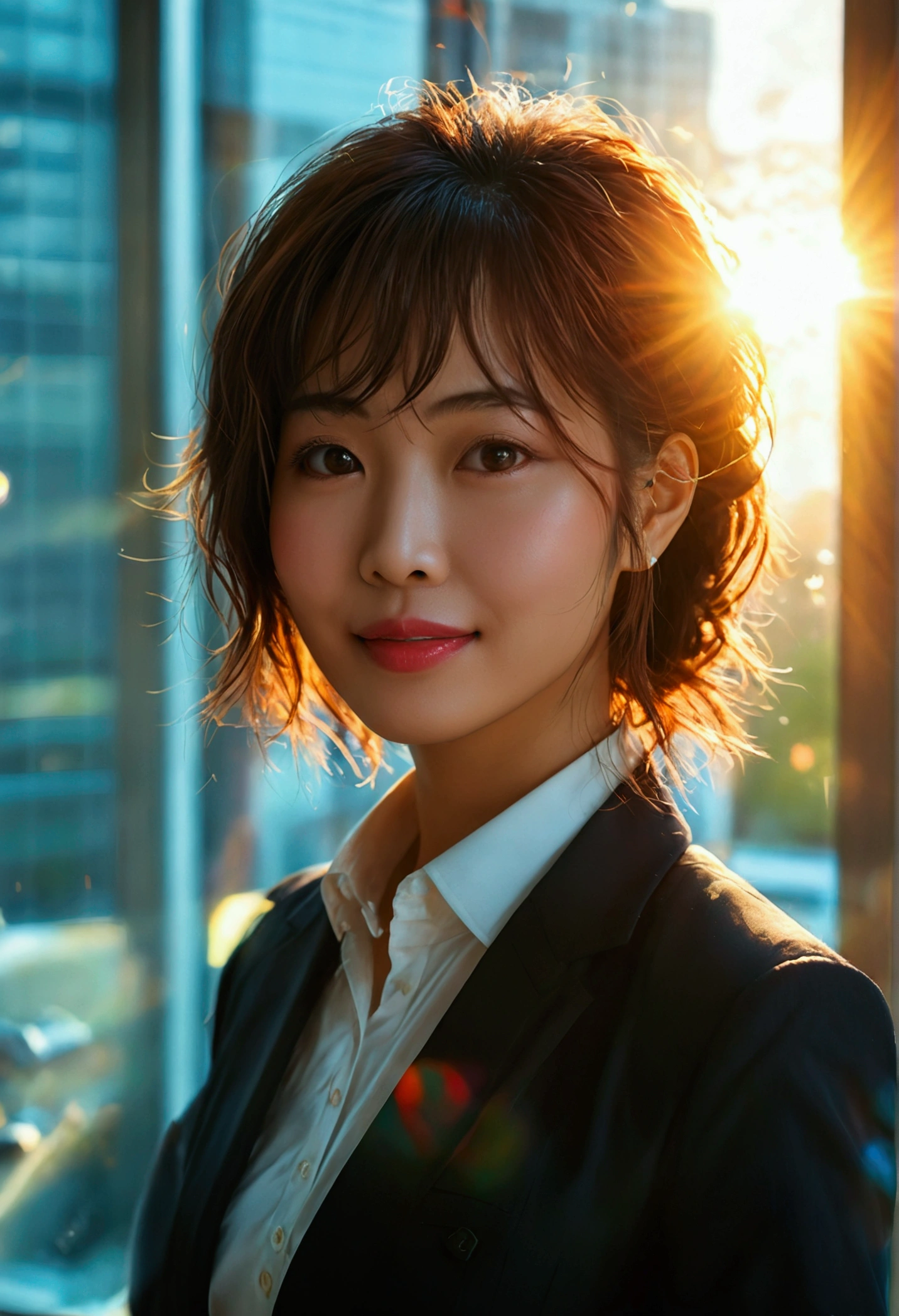 ((最high quality, 8k, masterpiece: 1.3)), (close:0.75), Realistic, Sharp focus, high quality, High resolution, Japanese middle-aged women threesome、3、Idol face、Glamorous Body、Bust is incredibly large at 40 inches {Random Business Suits}, ((Very strong sunlight)), smile, Random hairstyle,Looking at the camera in an office district in midsummer、Full body image、8k images、