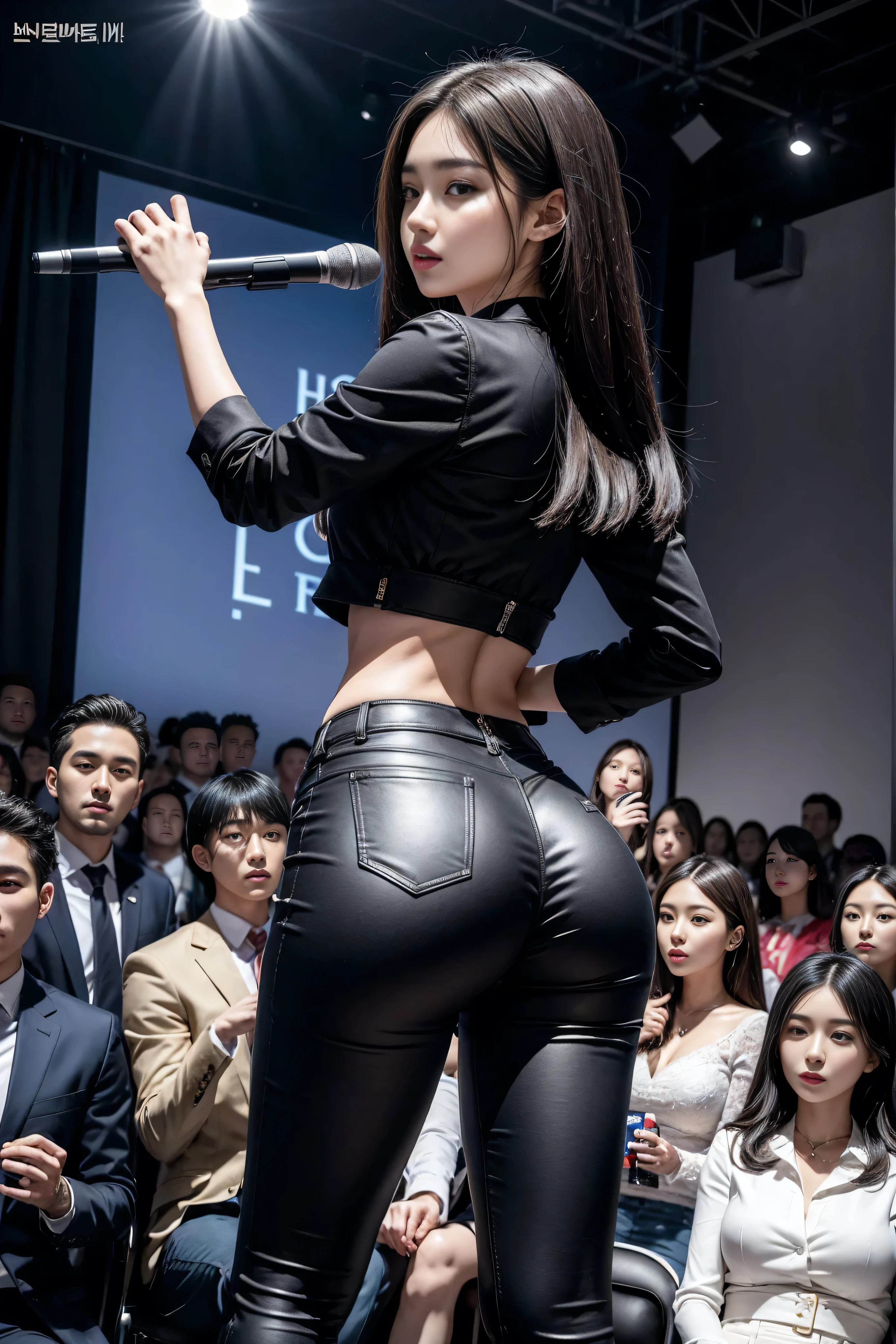 (8k,Highest Quality,masterpiece,practical,Super detailed:1.3),(1 girl,Beautiful Korean girl, Korean pop idol),(Black suit jacket:1.2),(White skinny trousers:1.1),(Serious expression:1.2)discuss,(speech,Handheld Microphone:1.2)(crowd,audience:1.3),Sexy long legs, (Thigh gap:1.5),Wide hips,S-Shaped Body, Hips lifted,,black hair,(Ass Focus:1.1)Shot from behind