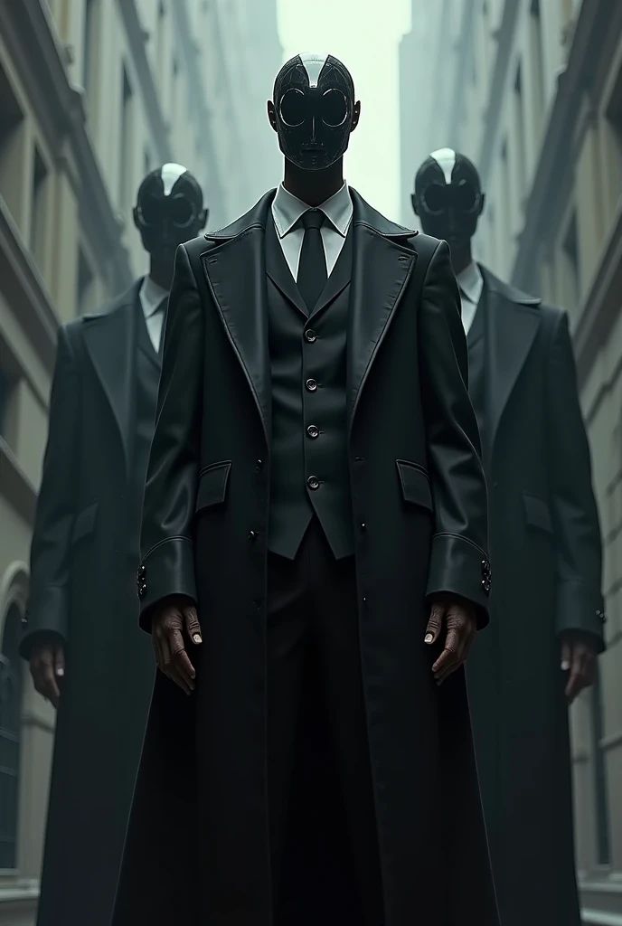 Titanic Humanoid beings with dark CCTV Câmera in the place of the head wearing a fancy suit and dark overcoat