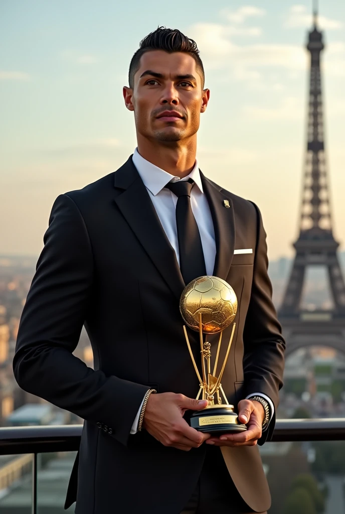 Cristiano Ronaldo ;qui porte des vêtements de luxe;à paris;prend un ballon d'or et souris