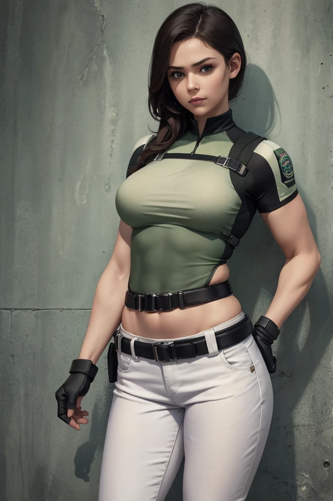 masterpiece, best quality:1.2), expressive eyes, perfect face, highres, 1 girl, solo, (female:1.5), chris redfield, green taut shirt, white pants, fingerless gloves, belt, hands to hip, standing, portrait, looking at the viewer,
