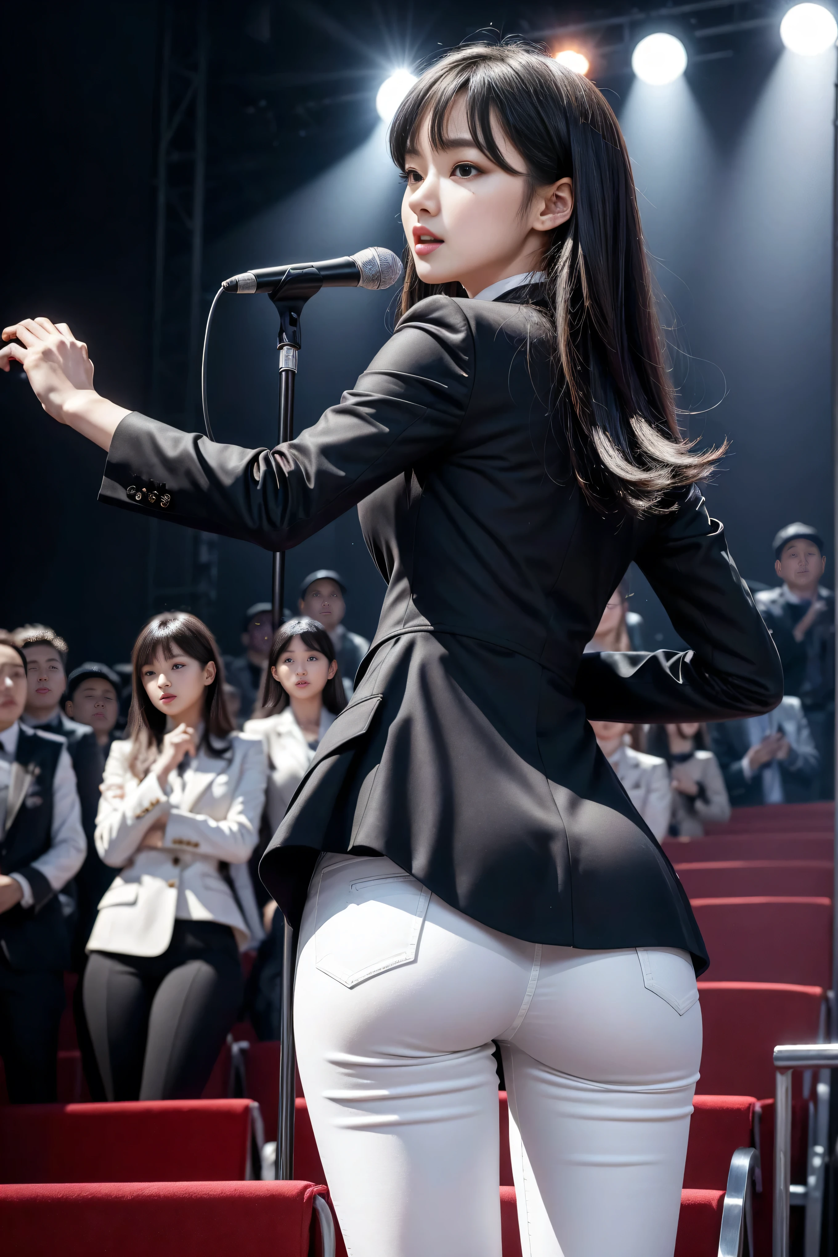 （8k，Highest Quality，masterpiece，practical，Super detailed：1.3），（1 girl，Beautiful Korean girl, Korean pop idol），（Black suit jacket：1.2），（White skinny trousers：1.1），（Serious expression：1.2）discuss，（speech，Handheld Microphone：1.2）（crowd，audience：1.3），Sexy long legs， （Thigh gap：1.5），Wide hips，S-Shaped Body， Hips lifted，，black hair，（Ass Focus：1.1）Shot from behind